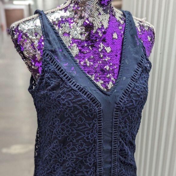 VTG Y2K Abercrombie & Fitch Navy Blue VNeck Floral Eyelet Mini Dress Boho Chic - Picture 5 of 9